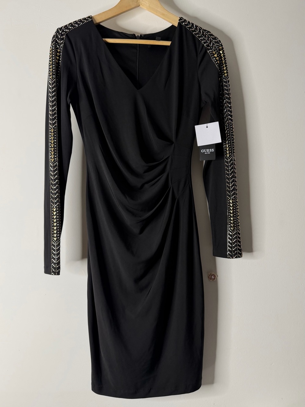 GUESS Black Ruched Long Sleeve Dress with Studded Sleeve Detail